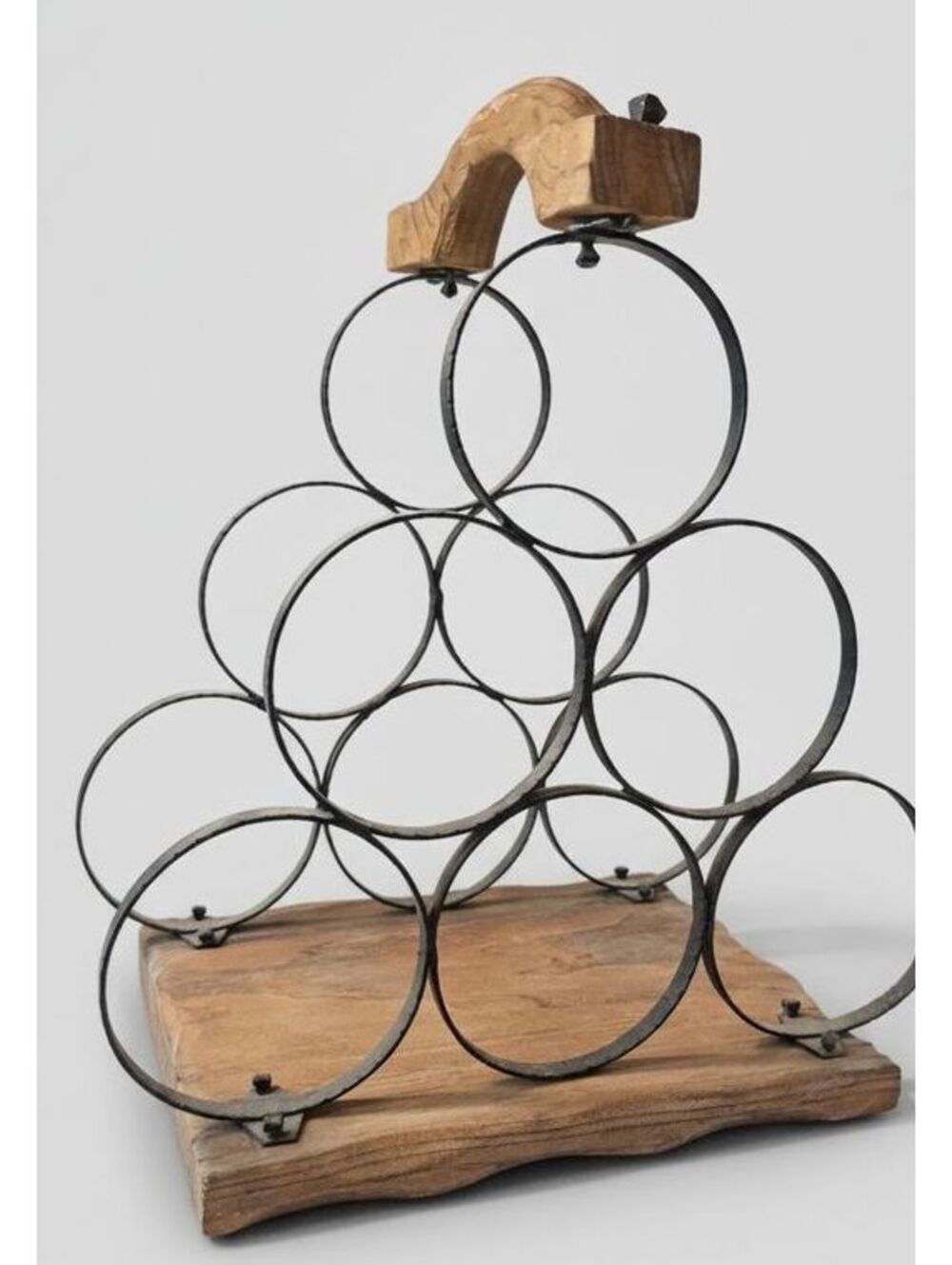 Vintage Rustic Wood & Black Iron Tabletop 6 Bottle Handled Wine Rack 7.5"x 13.5"